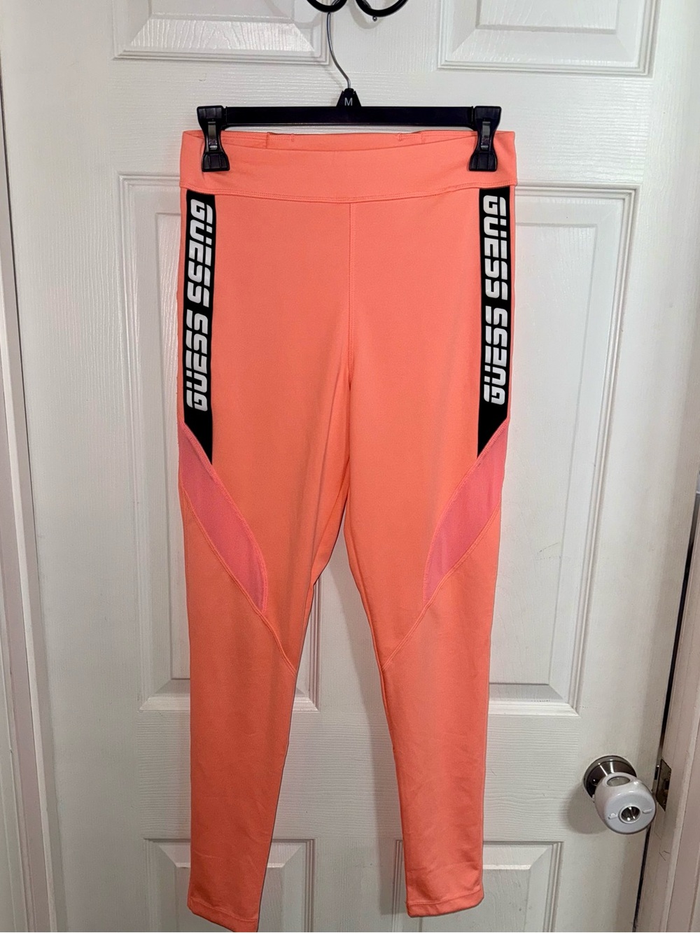 Guess Coral Leggings with Black Logo Stripes M